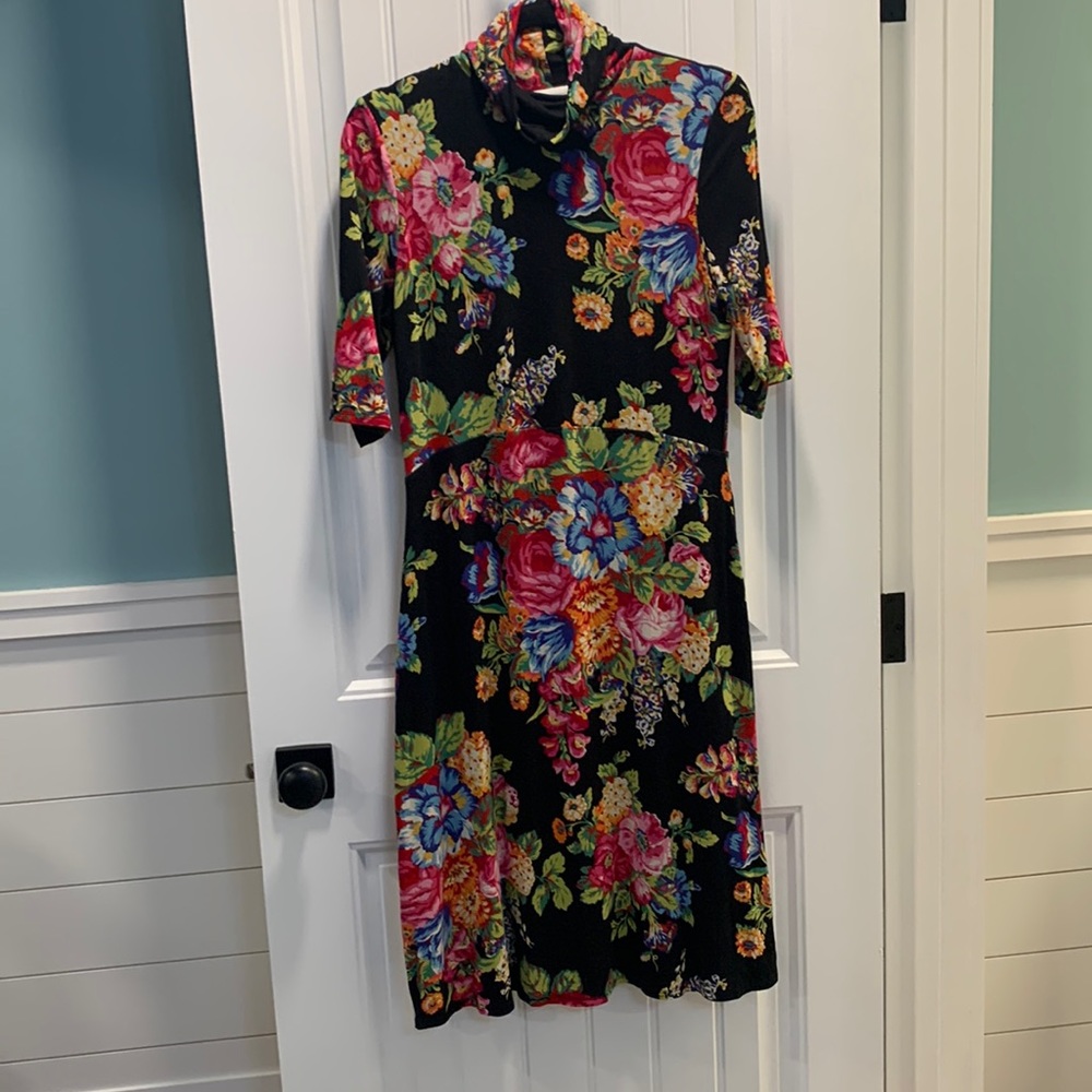 Floral Midi Dress in Black with Pink & Blue Blooms